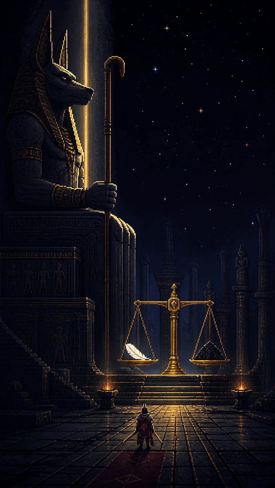 A colossal jackal-headed guardian statue looms over a hall of judgement, where a monumental golden balance weighs a single white feather against a heap of dark relics. A lone armoured warrior stands far below on a red carpet.
