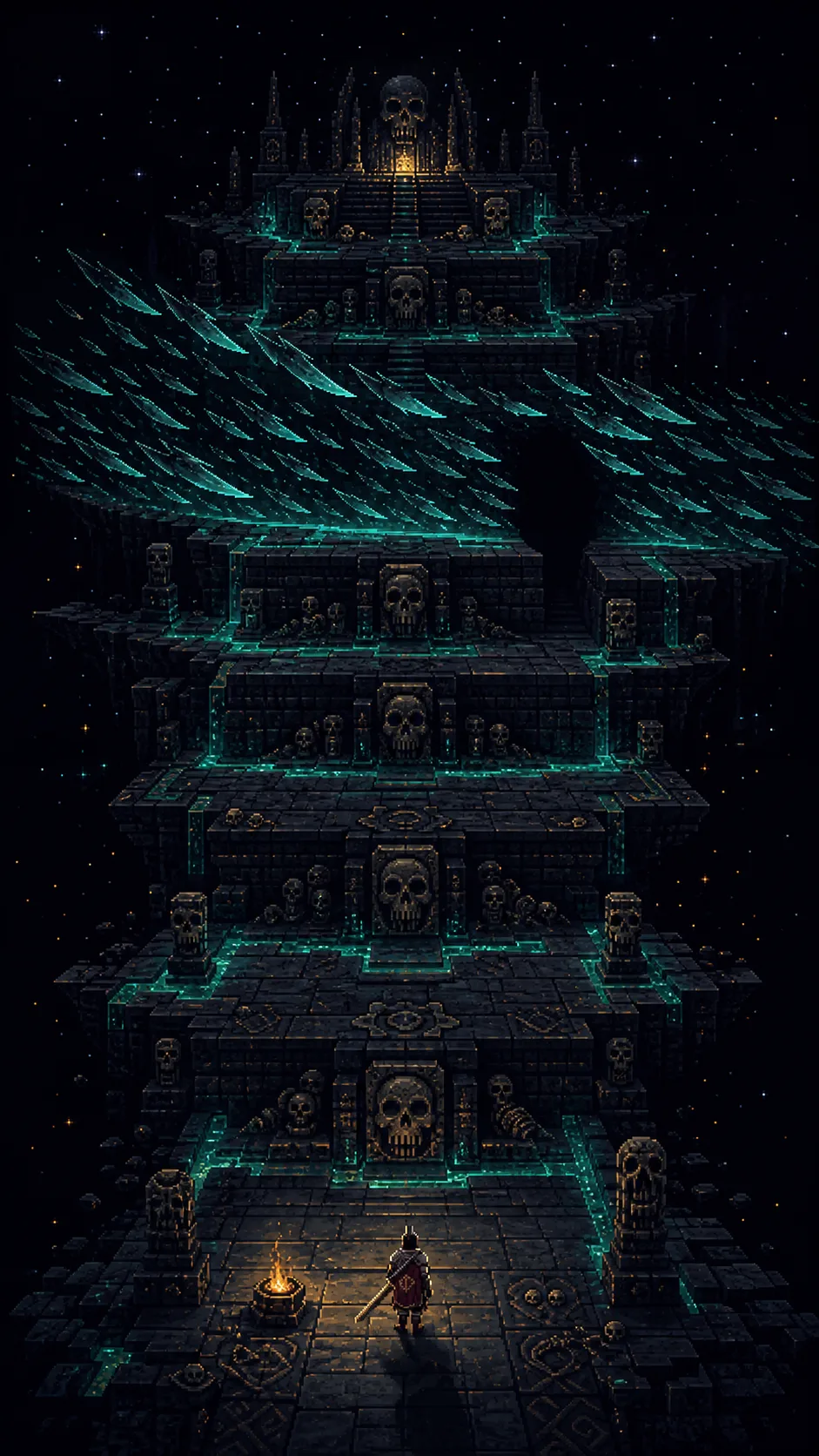 Stepped obsidian terraces climb into the void, edged with carved skulls and glowing turquoise channels. A sweeping wall of blades crosses the stair, leaving one dark gap; a lone warrior waits below beside a brazier.