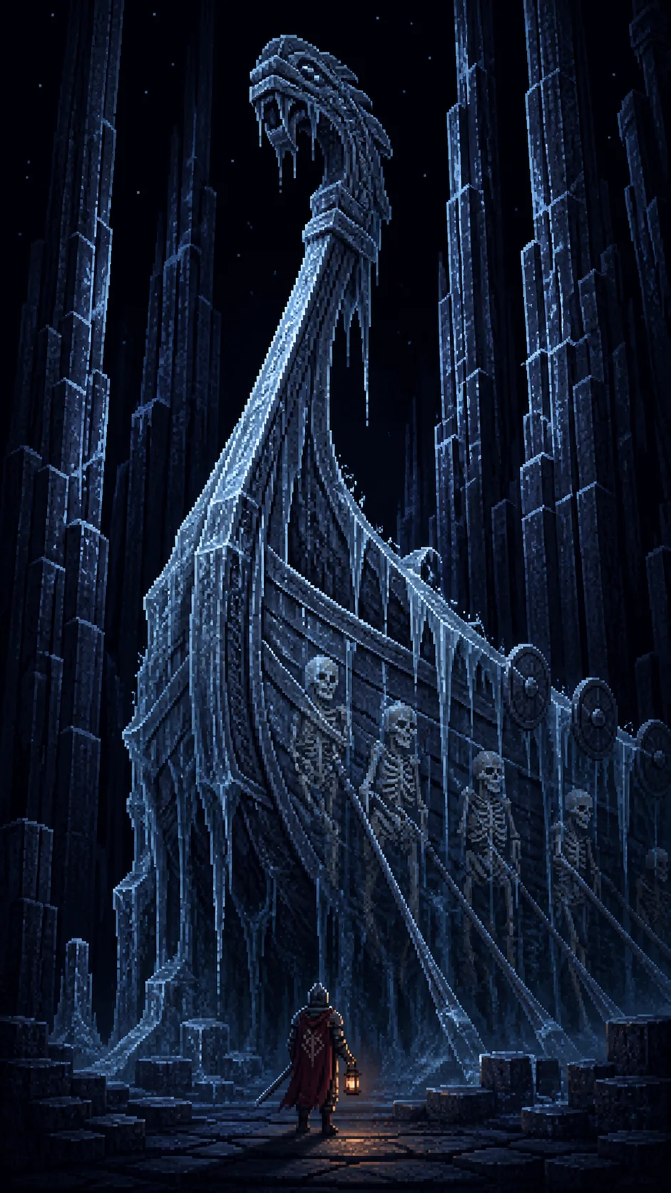 A frozen longship's carved prow rises through black basalt columns, its skeletal oarsmen sealed under blue-white ice. A lone warrior stands beneath it holding the only warm light in the hall.